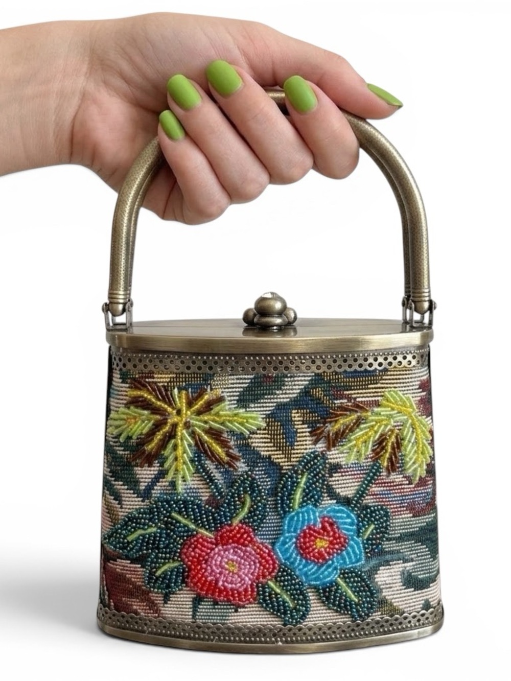Vintage ERMO Beaded Tapestry Box Purse Brass Frame Floral Pastel Holiday Bag
